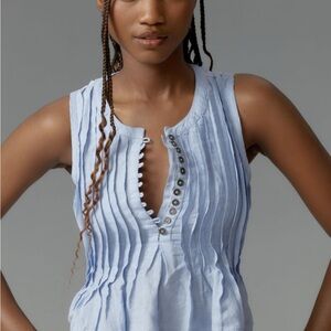 Anthropologie Lottie Pleated Linen Light Blue Sleeveless Top Detail